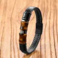 Detail shot of the vintage leather and stone bamboo bead bracelet with stainless steel clasp. - Yellow Tiger Eye