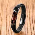 Men's retro leather braided bracelet with tiger eye stone beads and stainless steel clasp. - Red Tiger Eye