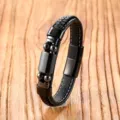 Close-up of black braided leather men bracelet with stainless steel magnetic clasp. - 19cm / Hematite