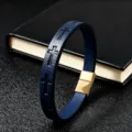 Men retro blue leather cross bracelet with gold stainless steel magnetic clasp detail. - Blue Leather Cross Gold Clasp Style (SL-695-9) / 19cm