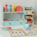 Ensemble de jouets en bois machine à café et glace pour enfants, cadeau de rôle parfait. - Boutique de glace et café style coréen (Bleu pour garçon)