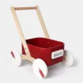 Andador de madera para bebés con carrito rojo y ruedas blancas, ideal para el desarrollo infantil. - Rojo