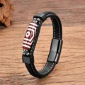 Tibetan style men leather bracelet with red Dzi bead and black stainless steel magnetic clasp. - 19cm / Style 2