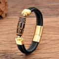Tibetan style Dzi bead leather bracelet for men, stainless steel magnetic clasp jewelry. - Style 1 / 19cm