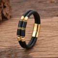 Detailaufnahme des schwarzen geflochtenen Lederarmbands mit Steinzylindern und Magnetverschluss. - Schwarzer Zylindrischer Steinstil / 19cm / Gold