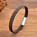 Vintage braided leather bracelet with stainless steel magnetic clasp for men and women daily wear. - Brown With Silver Clasp