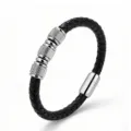 Bracciale da uomo in pelle intrecciata nera con perle in metallo argentato e chiusura magnetica - 19cm / Argento