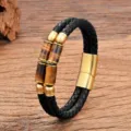 Herren doppellagiges geflochtenes Lederarmband Gold Magnetverschluss Tigerauge Schmuck - 19cm / Stil 1 (Tigerauge)
