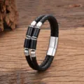 Doppeltsträngiges schwarzes Lederarmband geflochten mit Steinperlen und Edelstahl Magnetverschluss. - Schwarzer Steinstil / 19cm / Silber