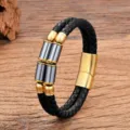 Herren doppelt geflochtenes Lederarmband mit goldenem Edelstahl Magnetverschluss und Perlen. - 19cm / Stil 2 (Hämatit)