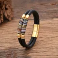 Herren Damen Vintage Leder geflochtenes Armband mit Stein Perlen Edelstahl Magnetverschluss - Gestreifter Achatstein-Stil / 19cm / Gold