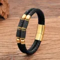 Schwarzes Leder geflochtenes Armband mit goldenem Edelstahl Magnetverschluss und Vulkansteinen. - 19cm / Stil 4 (Vulkanstein)