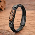Tibetan style Dzi bead leather bracelet for men featuring black stainless steel magnetic clasp. - Style 6