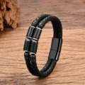 Vintage doppelsträngiges geflochtenes schwarzes Lederarmband mit Perlen und Magnetverschluss. - Schwarzer Stein Fassperlen Stil (Black-A) / 19cm / Schwarz
