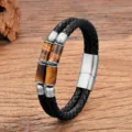 Gros plan détail du bracelet en cuir noir tressé double couche avec perles en métal. - 19cm / Style 6 (Œil de Tigre)
