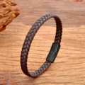 Retro braided leather bracelet with black magnetic stainless steel clasp for men and women - Brown with Black Clasp