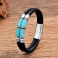 Bracelet en cuir noir double couche avec perles de pierre bleue et fermoir aimanté en acier inox - 19cm / Style 7 (Aspect Turquoise)