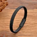 Black braided leather bracelet for men and women, featuring a sleek stainless steel magnetic clasp. - Black With Black Clasp