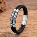 Bracelet en cuir tressé double couche pour homme avec fermoir aimanté et perles en métal. - 19cm / Style 8 (Cylindre Métallique)