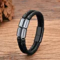Bracelet homme double couche en cuir noir tressé avec fermoir magnétique détail. - 19cm / Style 10 (Fermoir en Acier Inoxydable)