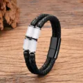schwarzes geflochtenes Lederarmband mit weissen Perlen und Magnetverschluss fuer Damen - Weißer Achatstein-Stil / 19cm / Schwarz