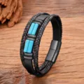 Close-up detail of mens multi-layer leather braided bracelet with blue accents and clasp. - 19cm / Turquoise Color