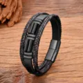 Retro multi-layer leather bracelet for men with black stainless-steel magnetic clasp. - Black Agate