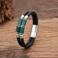 Vintage doppeltes Leder geflochtenes Armband mit gruenen Steinperlen und Edelstahlverschluss - Grüner Achatstein-Stil / 19cm / Silber
