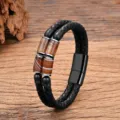 Vintage doppelt geflochtenes Lederarmband mit gestreiften Steinperlen und schwarzem Magnetverschluss. - Gestreifter Achatstein-Stil (Black-C) / 19cm / Schwarz