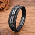Close up view of multi-layer leather bracelet detail, showing braided texture and metal clasp. - Hematite
