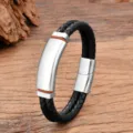 Detailed view of men's double layer braided black leather bracelet with stainless steel magnetic clasp. - 19cm / Silver