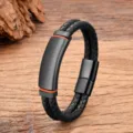 Close-up of mens double layer braided leather bracelet with black stainless steel clasp. - 19cm / Black