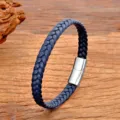 Blue braided leather bracelet with stainless steel magnetic clasp for daily men and women - Blue With Silver Clasp