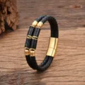 Herren Damen geflochtene Lederarmband mit Naturstein Perlen und Edelstahl Magnetverschluss. - Schwarzer Zylindrischer Steinstil / 19cm / Gold