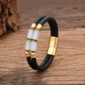 Leder geflochten Armband Edelstahl Magnetverschluss Stein Barrel Perlen Retro Herren Damen - Weißer Achatstein-Stil / 19cm / Gold