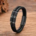 Bracelet en cuir noir double couche pour homme avec perles de pierre volcanique et fermoir - 19cm / Style 9 (Pierre Volcanique)