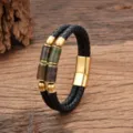 Schwarzes Leder geflochtenes Armband mit Naturstein-Perlen und goldenem Magnetverschluss - Grüner Achatstein-Stil / 19cm / Gold
