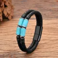 Bracelet en cuir tressé double pour homme avec cylindre en pierre turquoise et fermoir aimanté. - 19cm / Style 11 (Pierre à Craquelures Bleues)