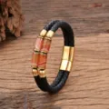 Leder geflochtenes Armband mit Steinperlen und Edelstahlschnalle für Damen und Herren. - Roter Achatstein-Stil / 19cm / Gold