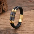 Schwarzes geflochtenes Lederarmband mit Steinperlen und goldenem Magnetverschluss für Unisex. - Dunkler Steinstil / 19cm / Gold