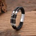 Vintage Leder geflochtenes Armband mit Stein Barrel Perlen und Edelstahl Magnetverschluss. - Naturtextur Fassperlen-Stil / 19cm / Weiß