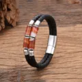 Geflochtenes Lederarmband für Damen und Herren mit roten Achat Perlen Edelstahl Magnetverschluss - Rot Gestreifter Achat-Stil / 19cm / Silber