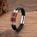 Vintage Fass Perlen Stein Leder geflochtenes Armband mit edelstahl Magnetverschluss Unisex - Roter Zylindrischer Steinstil / 19cm / Silber