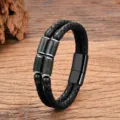 Schwarzes geflochtenes Lederarmband mit Steinperlen und Magnetverschluss Variante - Grüner Achatstein-Stil / 19cm / Schwarz