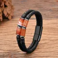 Vintage doppeltes schwarzes Leder geflochtenes Armband mit roten Steinperlen und Magnetschluss. - Roter Achatstein-Stil / 19cm / Schwarz