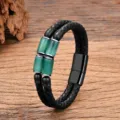 Schwarzes geflochtenes Lederarmband mit grünen Steinperlen und Edelstahl Magnetverschluss. - Grüner Achatstein-Stil / 19cm / Schwarz