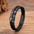 Schwarzes Lederarmband geflochten mit Stein Zylinderperlen und Edelstahl Magnetverschluss - Gestreifter Achatstein-Stil (H) / 19cm / Schwarz