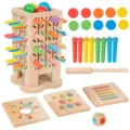 Holz Ziehstab Lernspielzeug Set für Kinder Farbsortierung interaktives tolles Lernspiel. - Fünf-in-Eins Stab-Einsteckspiel