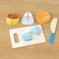 Wooden pretend play cutting food toy set with board knife and desserts for kids development. - Egg Roll Biscuit
