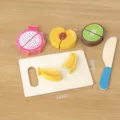 Wooden play kitchen fruit cutting toy set with board and knife for kids preschool learning game. - Dragon Fruit Banana